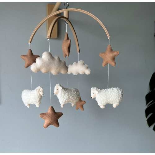 Sheep baby mobile, boho crib mobile, cot mobile, hanging mobile, stars crib mobile, sheep nursery decor, baby shower gift, neutral mobile