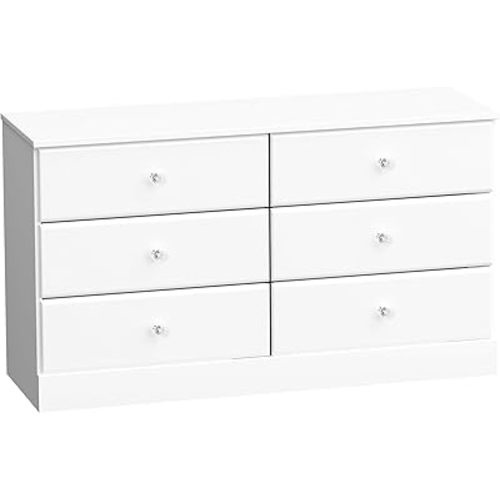 Prepac Astrid 6 Drawer Double Dresser for Bedroom with Crystal Knobs, Wide Chest of Drawers, Bedroom Furniture, Clothes Storage and Organizer, 15.5" D x 47.5" W x 26.85" H, White