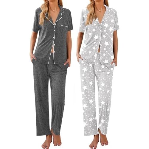 Ekouaer 2 Pack:Womens Pajamas Short Sleeve Pjs Notch Collar Button Up Loungewear Cozy Sleepwear Sets
