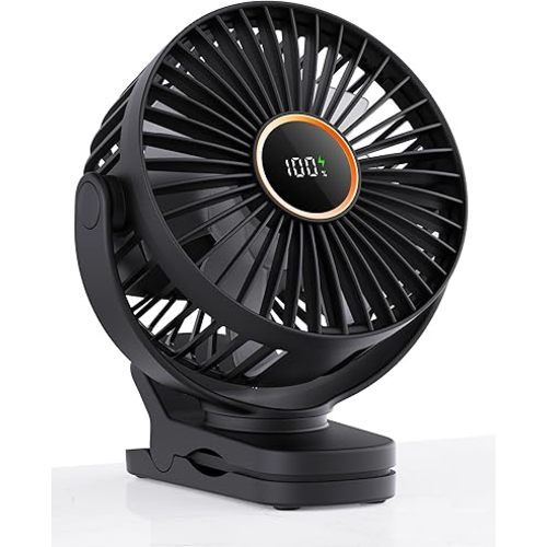 TUNISE Mini Clip on Fan, Battery Operated Desk Fan, Digital display，3 Speeds Adjustable, Bidirectional 360 ° Adjustable, Super Strong Wind, Portable Fan for Home Office Stroller Camping Black
