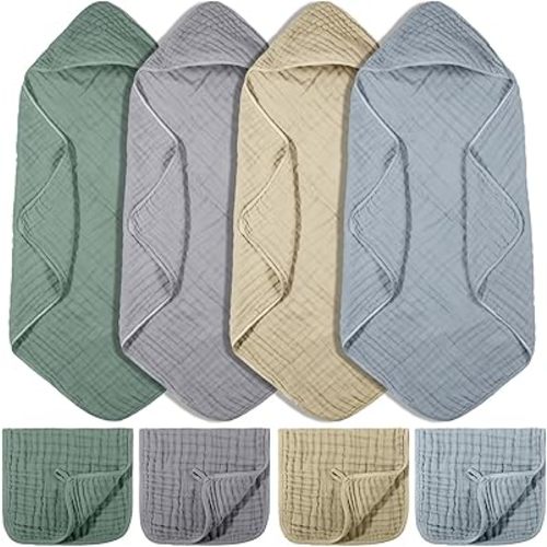 VitalCozy 8 Pcs Baby Muslin Hooded Bath Towels and Washcloths, 32 x 32 Inch Muslin Hooded Baby Towels Absorbent Blankets for Gift Newborn Infant Shower (Pastel Color)