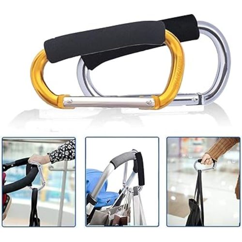 Large Stroller Hooks for Mommy, 2 pcs Carabiner Stroller Hook Organizer for Hanging Purses, Diaper Bag, Shopping Bags. Clip Fits Single/Twin Travel Systems, Car Seats (Silver+Golden Yellow)
