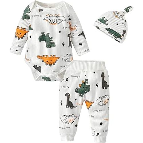 Siracend Newborn Infant Baby Boy Clothes Print Long Sleeve Bodysuit + Pants + Hat 3 PCS Outfits Set