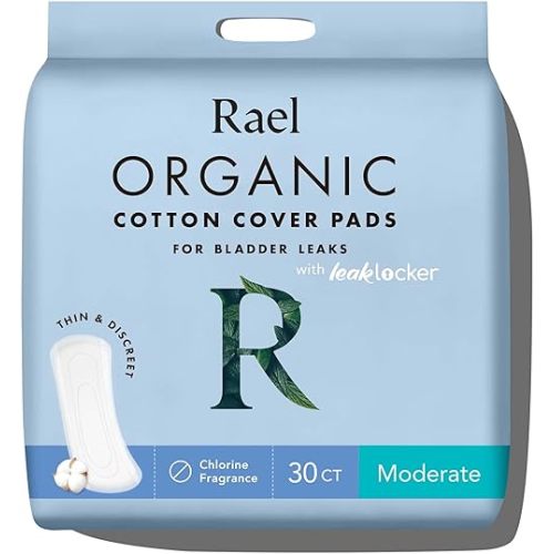 Rael Incontinence Pads for Women, Organic Cotton Cover - Postpartum Essential, Heavy Absorbency, Bladder Leak Control, 4 Layer Core with Leak Guard Technology, Long Length (Moderate, 30 Count)