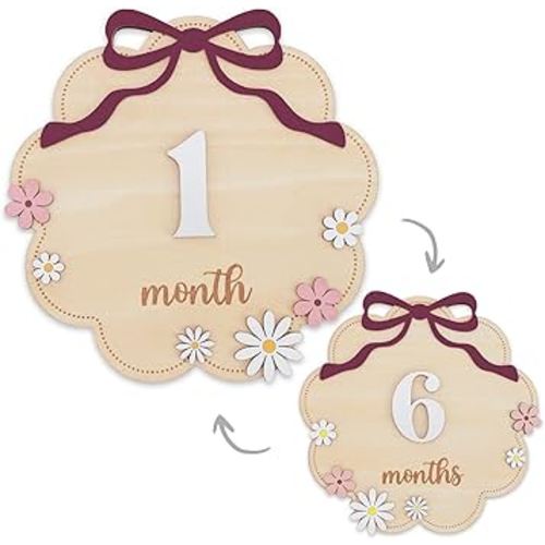 Wooden Baby Monthly Milestone Sign Set with Pink Bow, 1–12 Month Cloud Shape Photo Prop, Floral Baby Girl Growth Tracker Nursery Decor (Berry)