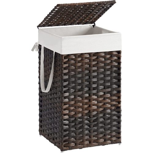 SONGMICS Laundry Hamper with Lid, 17.2 Gallon (65 L) Synthetic Rattan Clothes Laundry Basket with Lid and Handles, Foldable, Removable Liner, Chestnut Brown ULCB165K01