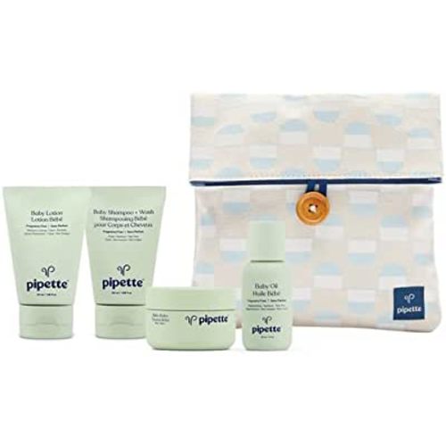 Pipette Baby Travel Kit - Trial Size Toiletries, Baby Gift Set, Hypoallergenic, Free of Synthetic Fragrances, Cruelty-Free, 4 Products + Travel Pouch