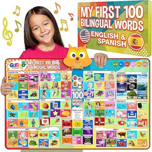 First 100 Words Bilingual Electronic Alphabet Poster – Interactive Learning Chart for Kids | 100 First Words in English & Spanish | Educational Talking Wall Poster