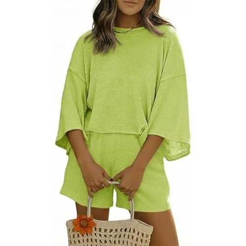 Tankaneo Womens Short Sets 2 Piece Outfits 3/4 Sleeve Tops and Elastic Waist Shorts Lounge Set Casual Loungewear