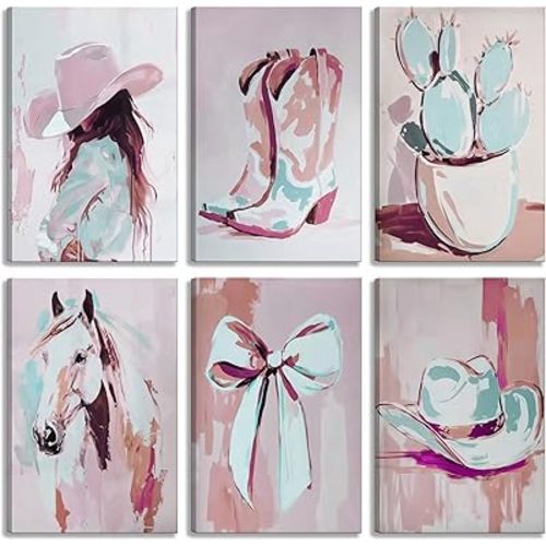 6Pcs Pink Western Cowgirl Canvas Wall Art Coastal Cowgirl Boots Cowgirl Hat Bow Posters Prints Trendy Preppy Cowgirl Room Wall Decor Pictures for Living Room Bedroom Home Decoration Prepare to hang