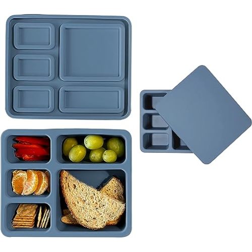 Austin Baby Co Leak-Proof Bento Lunch Box for Kids – Silicone Kids Lunch Container with 5 Leakproof Compartments – Food-Safe Materials, Sturdy, Dishwasher Safe, and BPA Free - Newport Blue