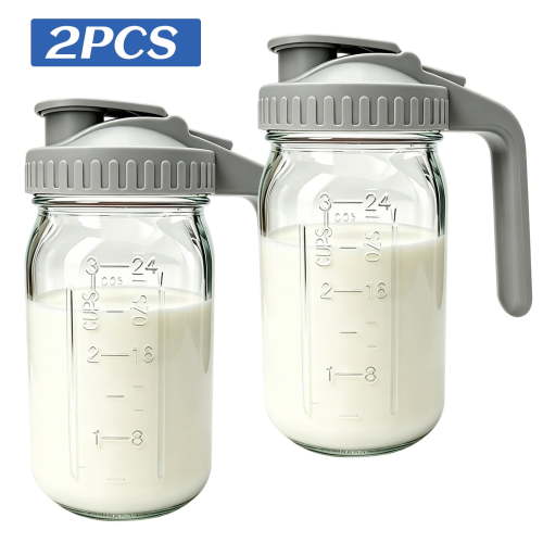 WLGJL 32oz Glass Pitcher with Lid & V-shaped Pour Spout - 1 Quart Breastmilk Pitcher Double Leak Proof, Creamer Container for Sun Tea, Juice, Cold Brew Coffee, Breastmilk Storage Container(2pack)