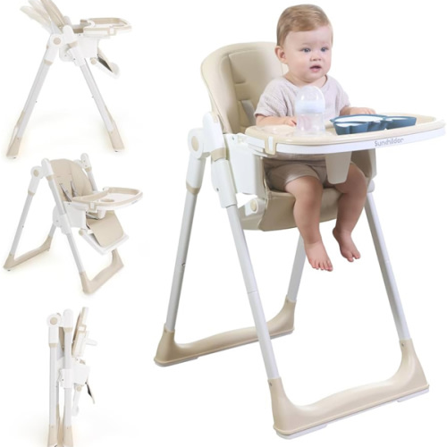3 in 1 Baby High Chair with Wheels, Adjustable 5 Point Harness, Tray, Foot Rest, Backrest and Seat Height, Foldable High Chair for Toddlers, Beige