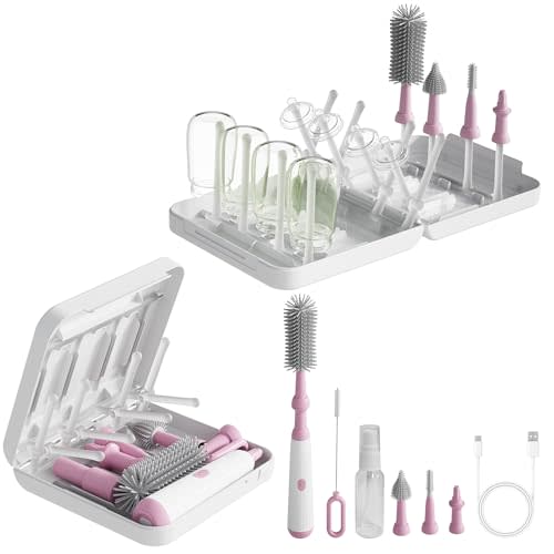 Powerful Electric Baby Bottle Brush Cleaner Set,Complete with Silicone Bottle/Nipple/Gap/Straw Brushes,Plus a Dispenser and Foldable Drying Rack,Effort Electric Cleaning Brush,Portable Travel Set