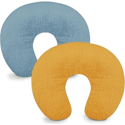 Hooyax Muslin Nursing Pillow Covers 2 Pack, Soft and Breathable Nursing Covers for Breastfeeding Pillows, Adorable Infant Feeding Pillow Slipcover for Baby Boy and Girls (Blue Ginger)