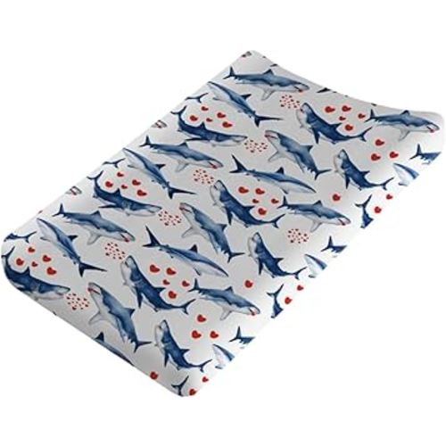 Sea Shark Love Changing Pad Cover Marine Ocean Animal Shark Hearts Baby Nursery Diaper Changing Pad Sheets for Boys Girls Soft Stretch Fitted Changing Table Mat Cover 32''x16''
