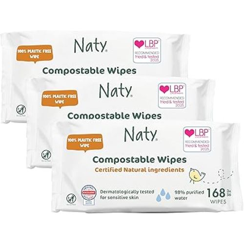 Naty Baby Wipes | 98% Water, Hypoallergenic & Natural for Sensitive Skin | Unscented, Plant-Based, Fragrance-Free | Plastic-Free & Compostable | Newborn & Toddler Diaper Wipes | 168 Count (3 Packs)