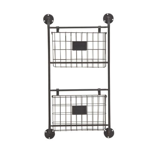 Deco 79 Metal Rectangle Magazine Rack Holder with Suspended Baskets and Label Slot, 16" x 3" x 28", Black