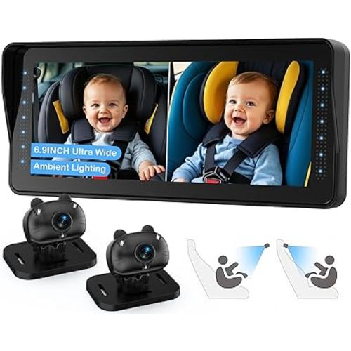 Dual Baby Car Camera for 2 Kids - 6.9” HD Display with Ambient Lighting, Rotatable Night Vision Cameras, Easy Setup, Ideal for Parents, Grandparents, Nannies, Safe & Clear Viewing
