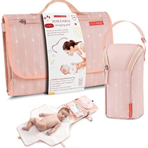 Portable Diaper Changing Pad Waterproof – B0NUS Insulated Baby Bottle Bag, 2-in-1 Diaper Clutch and Changing Mat, Wipe Clean Portable Changing Pad with Built-in Head Cushion (Peach)