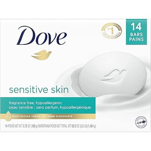 Dove Beauty Bar More Moisturizing Than Bar Soap for Softer Skin, Fragrance-Free, Hypoallergenic Beauty Bar Sensitive Skin With Gentle Cleanser 3.75 oz 14 Bars