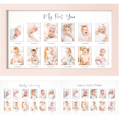 My First Year Photo Frame,12 Months Baby Picture Frame for Newborn Girl, Boy-Baby Shower Gifts Keepsakes,Monthly Baby's One Year Birthday Milestone,1st Nursery Photo Collage Display Board (Petal Pink)