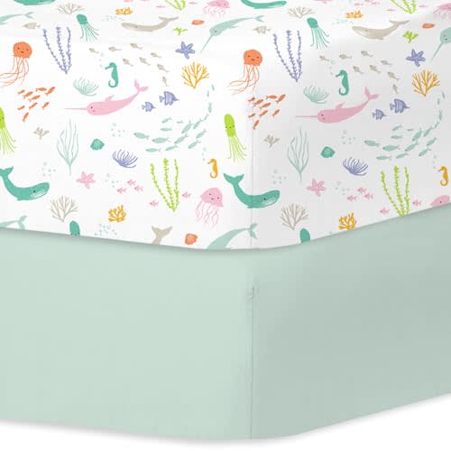 Little Grape Land Crib Sheets 2 Pack, Microfiber Fitted Crib Sheet for Standard Crib Mattress 52"x28"x8", Soft and Neutral Baby Crib Sheets for Boys and Girls, Breathable & Easy Care, Pastel Ocean
