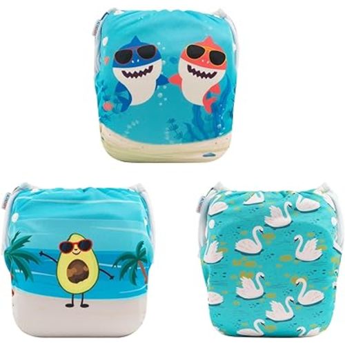 ALVABABY Large Swim Diapers 3pcs Baby & Toddler Snap One Size Reusable Adjustable Baby Gifts Baby Boy 3SWY36