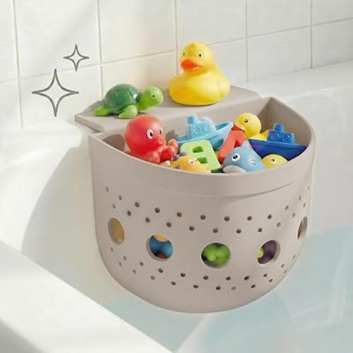 Silicone Bath Toy Organizer for Tub with Suction Cup - Bath Toy Storage Holder, Bathtub Toys Organizer and Holder for Easy Access & Sorting,Taupe