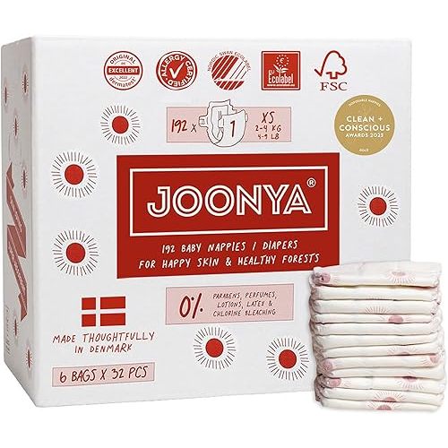 Joonya Baby Diapers, Size 1 XS (4-9 lb) - 6 Bags of 32 (192) - New Range - NonToxic, Eco-Friendly, Ultra Slim, Overnight Use - Made in Denmark