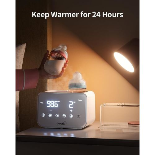 Baby Bottle Warmer, Grownsy 10-in-1 Fast Bottle Warmer Accurate Temp Control, with LCD Display, Timer, Defrost, Sterili-zing, Keep 24H, Double Bottle Warmer for Breastmilk& Formula, Heat Baby Food - White-updated
