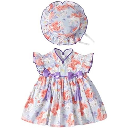 KAGAYD Baby Girls Chinese Cheongsam Dress Toddler Summer Short Sleeves Qipao Classical Dress Outfit Set with Hat