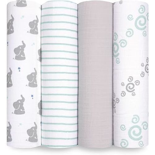 aden + anais Essentials Muslin Swaddle Blankets for Baby Girls and Boys, Newborn Receiving Blanket for Swaddling, 100% Cotton Baby Swaddle Wrap, 4 Pack, Baby Star-Elephants