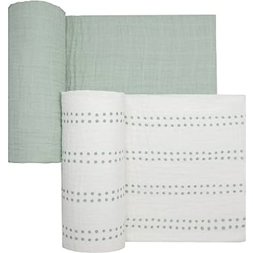 Muslin Swaddle Baby Blankets for Girl or Boy, Soft and Breathable Oeko-Tex Cotton Muslin Baby Blanket, Newborn Swaddling Wrap, Receiving Blanket, 47 in x 47 in, Mint Green and Cream Dots