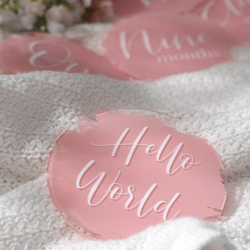 UNIQOOO 13Pcs Pink Baby Monthly Milestone Marker Discs Handmade-Style Printed|Acrylic Milestone Cards for Baby Announcement | Gender-Neutral Gift for Newborn Boy and Girl, Baby First Year Photo Props