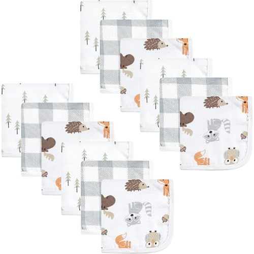 Hudson Baby Unisex Baby Cotton Muslin Washcloths, Woodland, One Size