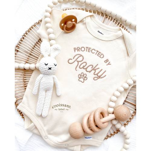Custom Dog Onesies®, Protected By Dog Name, Embroidered Personalized Announcement Baby Onesies®, Custom baby shower gift, Newborn Gift