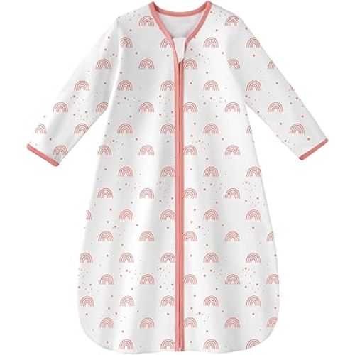 Baby Sleep Sack 0-6 Months 100% Cotton Long Sleeve Wearable Blanket Baby Sleep Bag with 2-Way Zipper 0.5 Tog Sleeping Sack for Newborn Infant Pink Rainbow