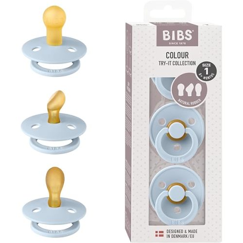 BIBS Pacifiers 0-6 Months | 3-Pack Soothers | BPA-Free Symmetrical Nipple | Made in Denmark | Ivory Try-It Collection (Baby Blue)