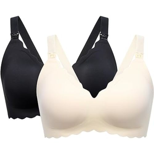 Momcozy Nursing Bras for Breastfeeding, Seamless Pregnancy Maternity Bra Wireless Classic Jelly Strip Support Nursing Bra - 2 Pack-black,cream - X-Large
