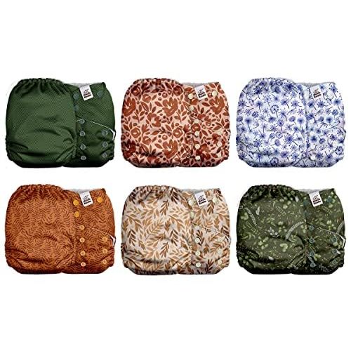 Mama Koala 2.0 Cloth Diapers for Babies with Suede Cloth Lining, 6 Pack with 6 Natural Cloth Diaper Inserts - Reusable and Washable Pocket Diapers (Neutral Leaves)