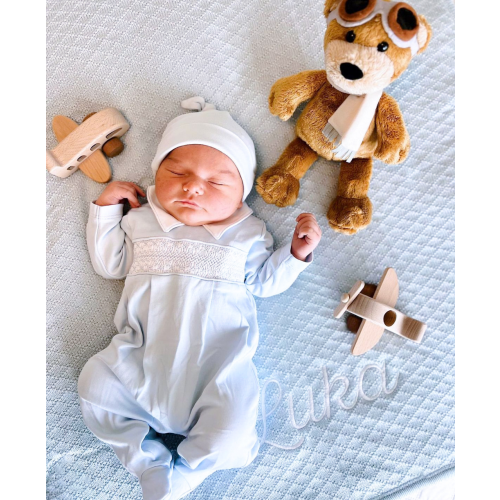 Going Home Outfit - Hand Smocked CLB Charmed Blue Footie with Collar - Newborn