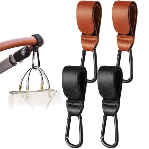 4 Pack - Baby Stroller Hooks for Hanging Bags and Shopping - Stroller Straps - Universal Stroller Clips for Bags - Durable Black Stroller Hooks