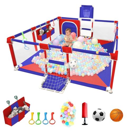 Playpen for Babies and Toddlers,73"x71"Baby Playpen with Mat Indoor&Outdoor with Breathable Play Pen with Ocean Balls Hanging Pocket Basketball Hoop and Football Goal (Blue+Red, 73"x71")