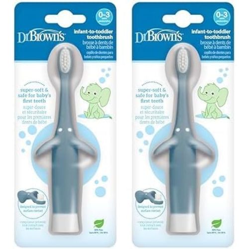 Dr. Brown's Infant-to-Toddler Toothbrush, Soft and Safe Baby Training Brush, Elephant, Blue, 0-3 Years, 2 Pack