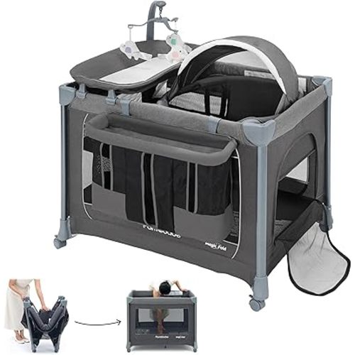 Pamo Babe 1-Second Setup 4-in-1 Playard for Babies - Heavy-Duty Steel Frame for Safe Sleep Space, Portable Crib with Zip Door & Changing Table, Locking Wheels, Breathable Mesh