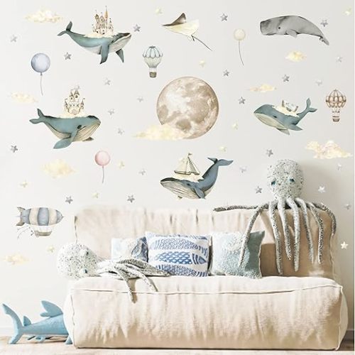Large Whale Wall Stickers Vintage Moon Cloud Star Wall Decal Retro Star Wall Stickers Hot Air Balloon Animal Whale Wall Decals Big Moon Wall Decal for Nursery Bedroom Decor