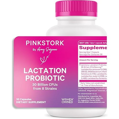 Pink Stork Lactation Probiotic - 10 Billion CFUs Multi Strain Postnatal Probiotics for Breastfeeding Women - Support Breast Milk & Gut Health, Postpartum Essentials, 30 Capsules