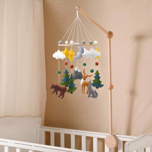 Beautiful woodland mobile for crib with trees, stars and clouds for a forest theme nursery