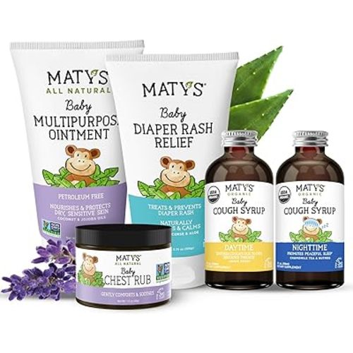 Matys Baby Essentials Kit for Newborn Parents or Baby Shower Gifts, The Ultimate Baby Must Haves Bundle: Chest Rub, Multipurpose Ointment, Diaper Rash Cream, Organic Cough Syrups, 5 PC Set Baby Gifts